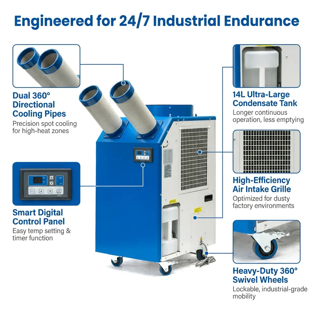వర్క్షాప్ కోసం OEM 14L పెద్ద ట్యాంక్ 2700W పవర్ 9300BTU రోటరీ కంప్రెసర్ పోర్టబుల్ స్పాట్ కూలర్ ఇండస్ట్రియల్ ఎయిర్ కండీషనర్